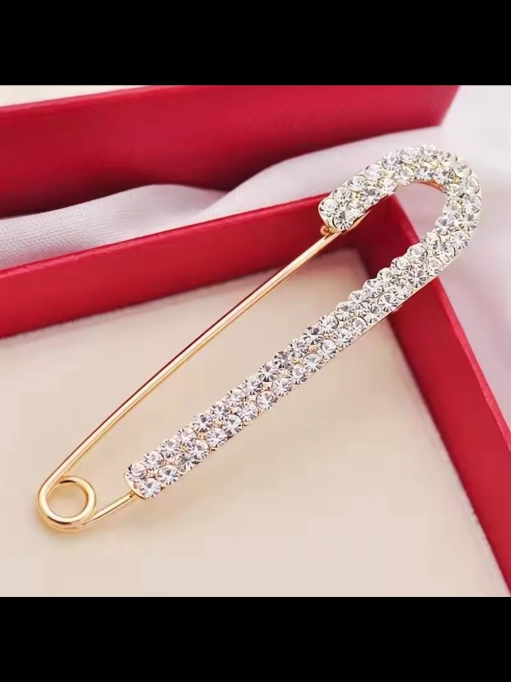 Gold-Tone Safety Pin Brooch with Clear Crystals